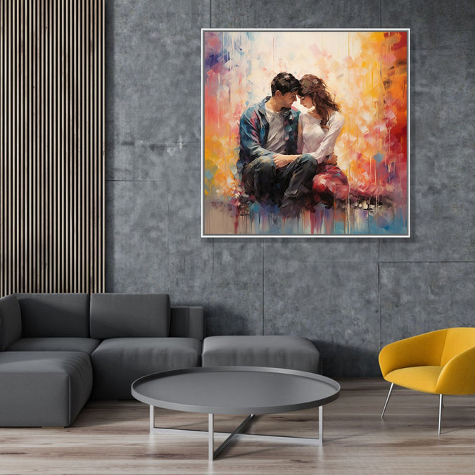 Painting for Drawing Room: A couple facing each other and sitting, abstract background. Orange and off white abstract background