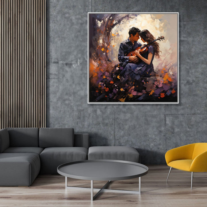 Painting for Drawing Room: A couple sitting with a guitar under a tree, abstract background