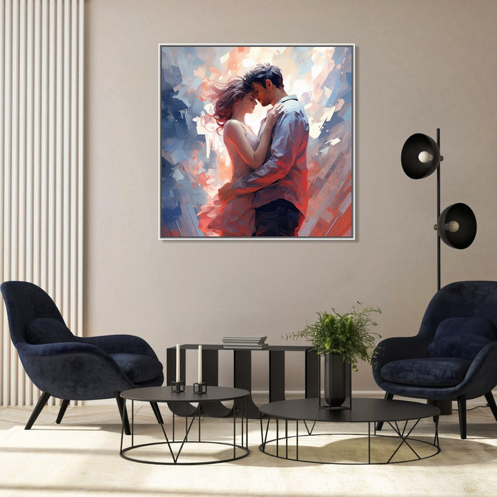 Painting for Drawing Room: A couple standing and facing each other and embracing. Girl in pink dress and boy in light blue shirt. Light abstract background.