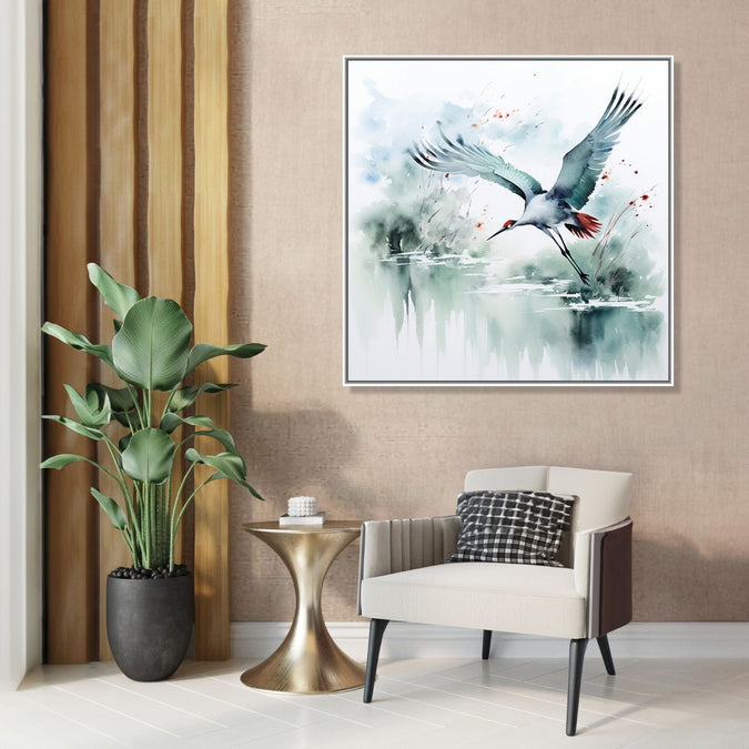 Painting for Drawing Room: A grey Crane in abstract background in watercolour