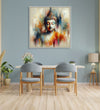 Painting for Drawing Room: A meditating buddha in plain abstract workwith light grey, orange,light blue colours