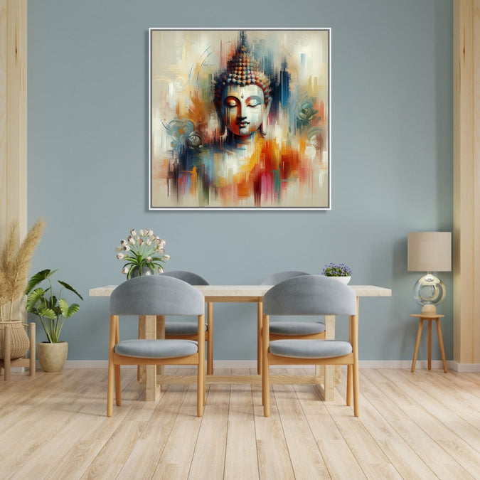 Painting for Drawing Room: A meditating buddha in plain abstract workwith light grey, orange,light blue colours