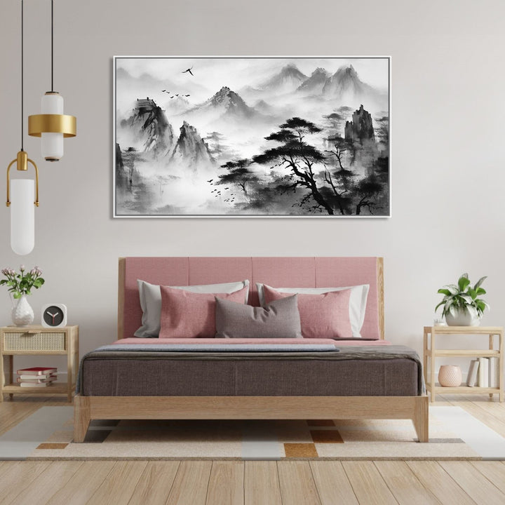 Painting for Drawing Room: A monochrome of mountains and trees Asian Landscape