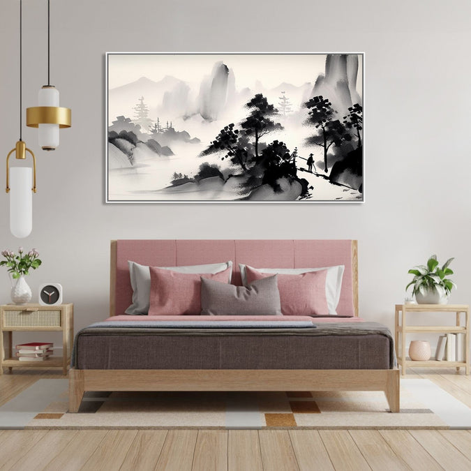 Painting for Drawing Room: A monochrome of mountains and trees, with a man passing by in an Asian Landscape