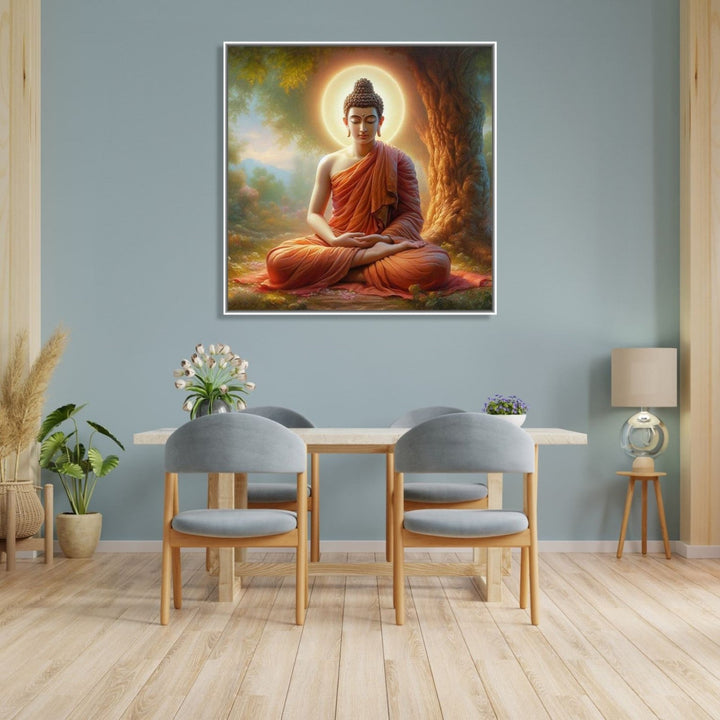 Painting for Drawing Room: A realistic painting of meditating buddha under a tress with gold orb behind his head