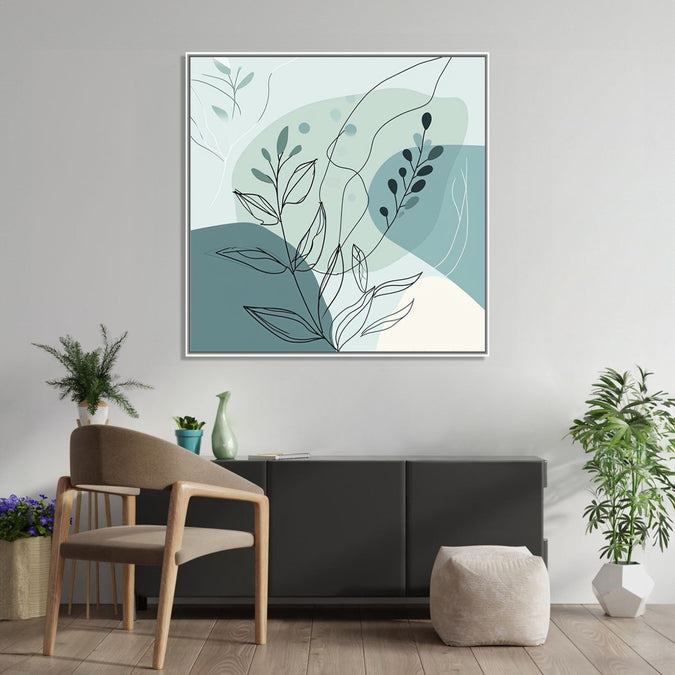 Painting for Drawing Room: An Abstract with dull sea green colour shapes and leaves and shoots in front