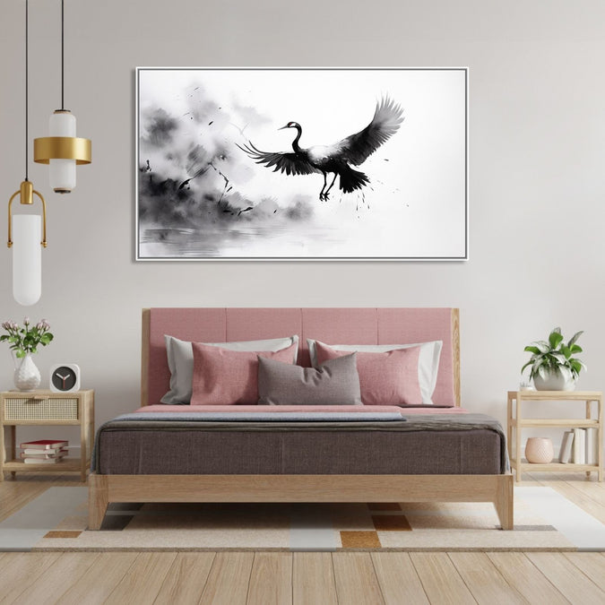 Painting for Drawing Room: An Asian Monochrome landscape of a crane flying against an abstract background in black and white