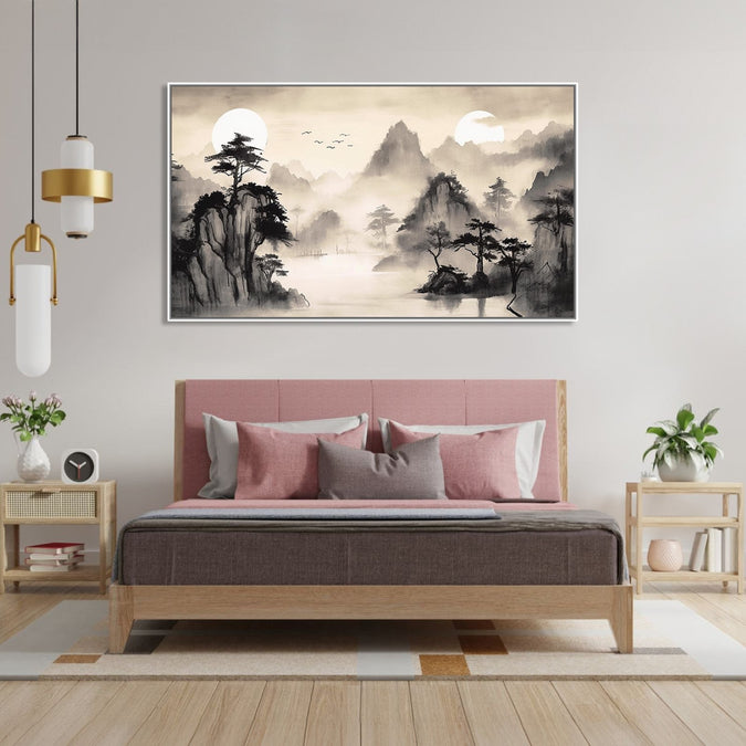 Painting for Drawing Room: An Asian Monochrome of mountains, Lake and tree with Misty surroundings and two sun