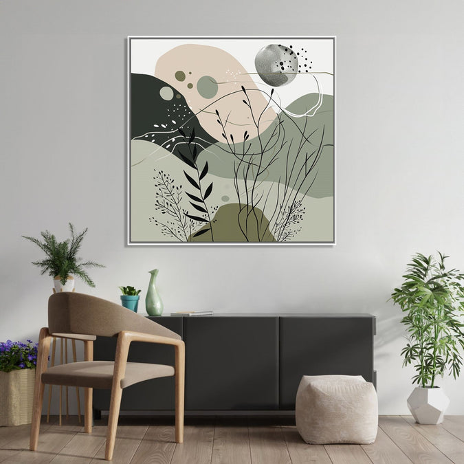 Painting for Drawing Room: An abstract image with Beige, black an dolive green colours, some shoots, leaves and, small circles in front.