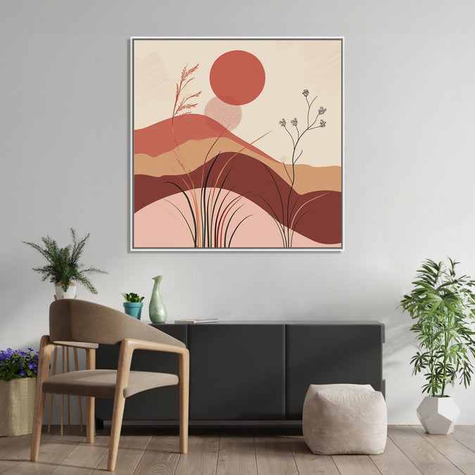 Painting for Drawing Room: An abstract of beige, brown, maroon shades with hills, grass and Maroon sun