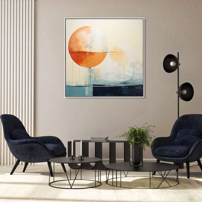 Painting for Drawing Room: An abstract with orange white circle with white blue and navy blue background