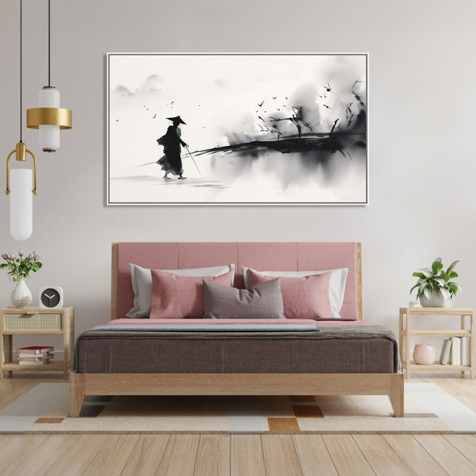 Painting for Drawing Room: Asian Monochrome of a traveller going through an abstract landscape