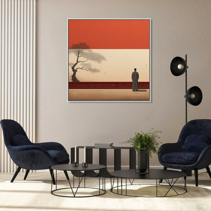 Painting for Drawing Room: Asian Painting of a man standing and looking out to open space, with a tree on a side and Asian design wall