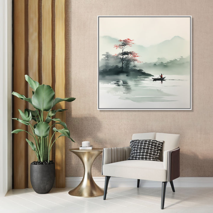Painting for Drawing Room: Asian Watercolour landscape of a small boat in the waterbody, trees and mountains in the background
