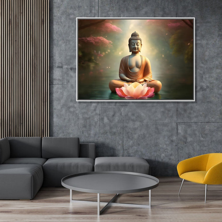 Painting for Drawing Room: Buddha in peaceful Water and pink trees with Lotus in front