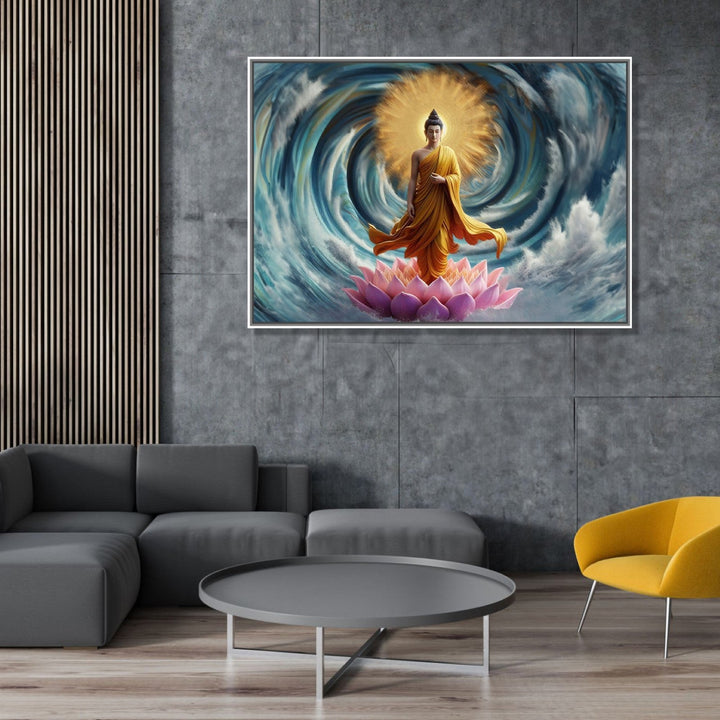 Painting for Drawing Room: Buddha standing on a lotus, with Blue water spiral and gold orb in background