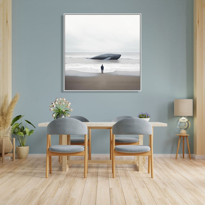 Painting for Drawing Room: Minimalistic Painting of a Man looking at a beached whale