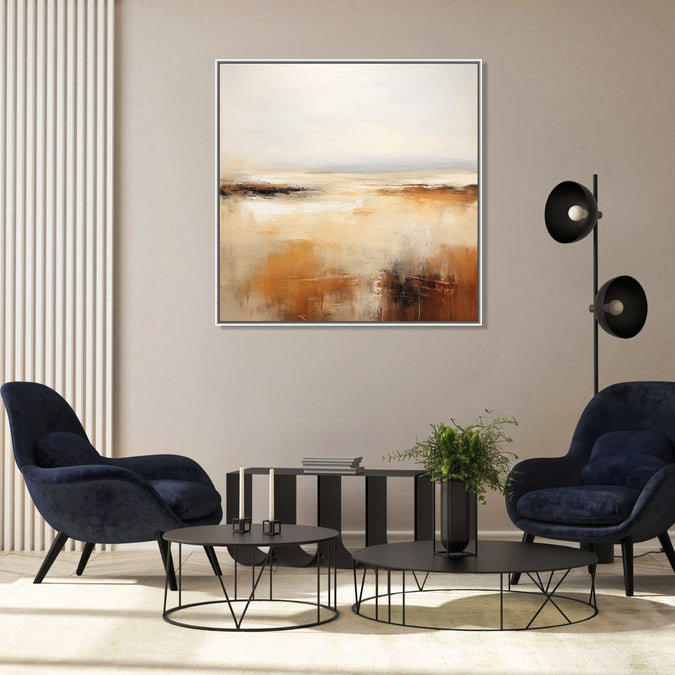 Painting for Drawing Room: Minimalistic abstract with grey, white, yellow, orange and dark brown heus