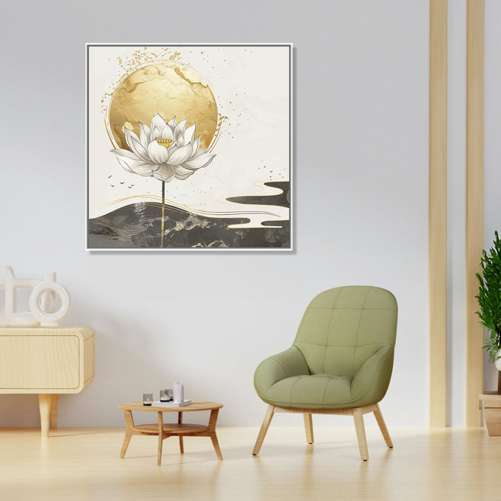 Painting for Drawing Room: Minimalistic image of a white lotus with golden orb behind and white, black, golden abstract background