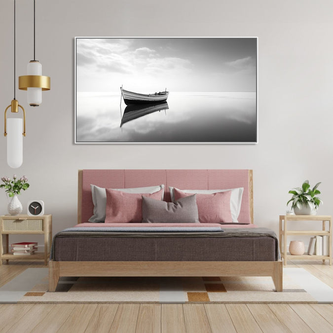 Painting for Drawing Room: Minimalistic monochrome with a boat with clear reflection.