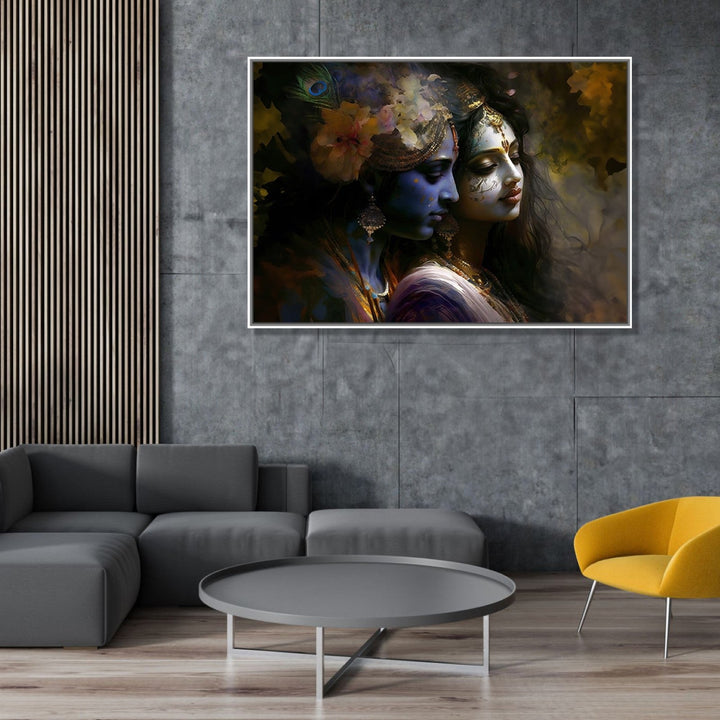 Painting for Drawing Room: Radha Krishna facing right side and lost in thoughts, Blue Krishna and Beige Radha, with Krishna wearing flower head band