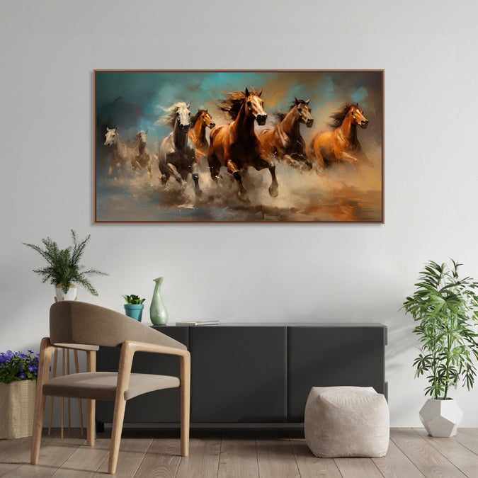 Painting for Home:4 Brown and 3 White horses running in abstract background, water