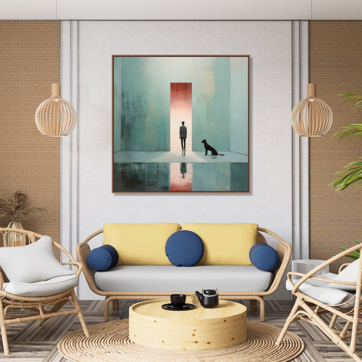 Painting for Home:A Man in door frame and a dog by his side in a minimalistic room