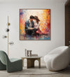 Painting for Home:A couple facing each other and sitting, abstract background. Orange and off white abstract background