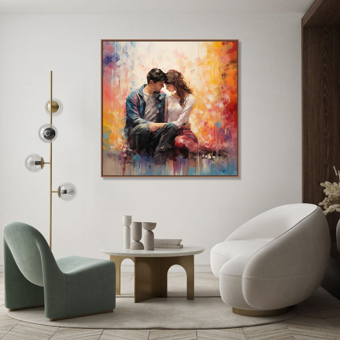 Painting for Home:A couple facing each other and sitting, abstract background. Orange and off white abstract background