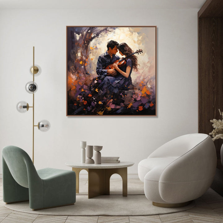 Painting for Home:A couple sitting with a guitar under a tree, abstract background