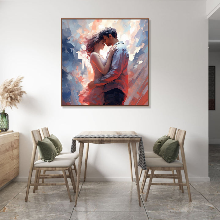 Painting for Home:A couple standing and facing each other and embracing. Girl in pink dress and boy in light blue shirt. Light abstract background.