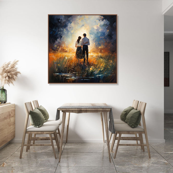 Painting for Home:A couple walking into abstract background. Orange Green ground and White blue Sky.