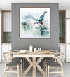 Painting for Home:A grey Crane in abstract background in watercolour