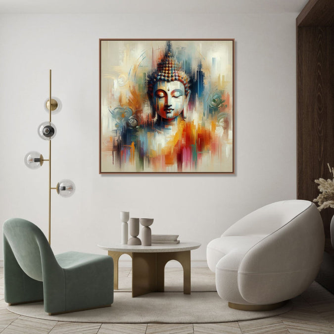 Painting for Home:A meditating buddha in plain abstract workwith light grey, orange,light blue colours