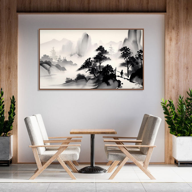 Painting for Home:A monochrome of mountains and trees, with a man passing by in an Asian Landscape