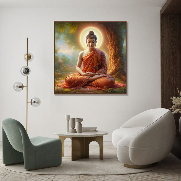 Painting for Home:A realistic painting of meditating buddha under a tress with gold orb behind his head