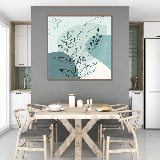 Painting for Home:An Abstract with dull sea green colour shapes and leaves and shoots in front