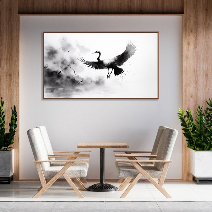 Painting for Home:An Asian Monochrome landscape of a crane flying against an abstract background in black and white