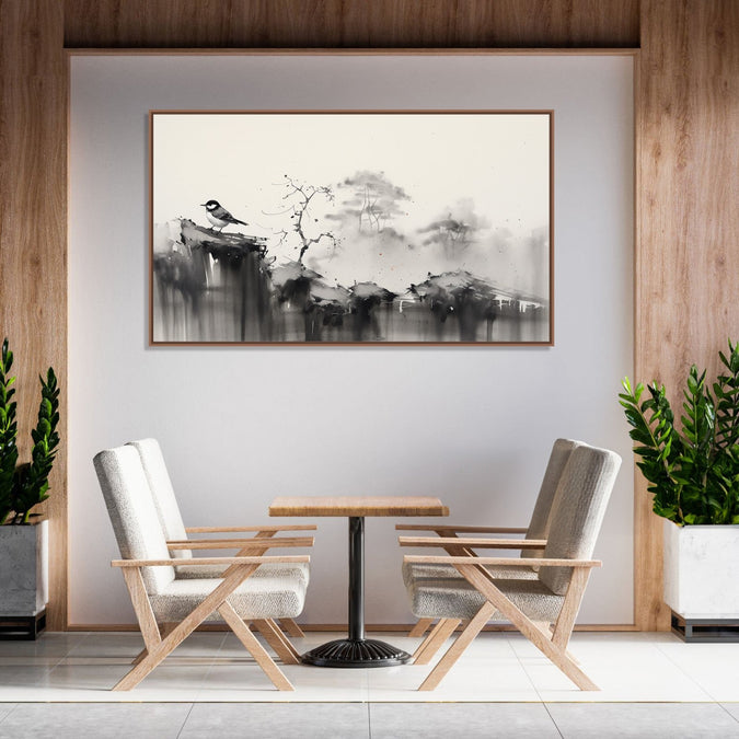 Painting for Home:An Asian Monochrome landscape of a sparrow sitting on a cliff and faded tree line in background of black and white