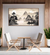 Painting for Home:An Asian Monochrome of mountains, Lake and tree with Misty surroundings and two sun