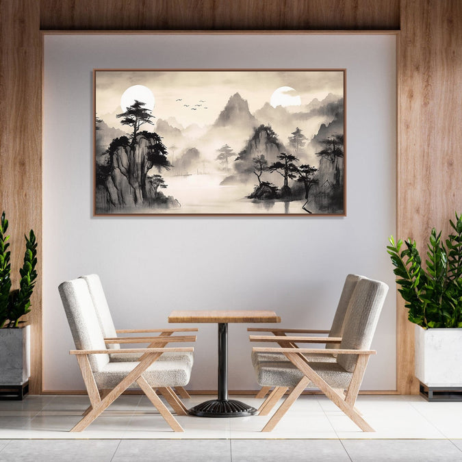 Painting for Home:An Asian Monochrome of mountains, Lake and tree with Misty surroundings and two sun