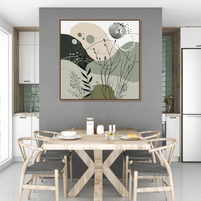 Painting for Home:An abstract image with Beige, black an dolive green colours, some shoots, leaves and, small circles in front.