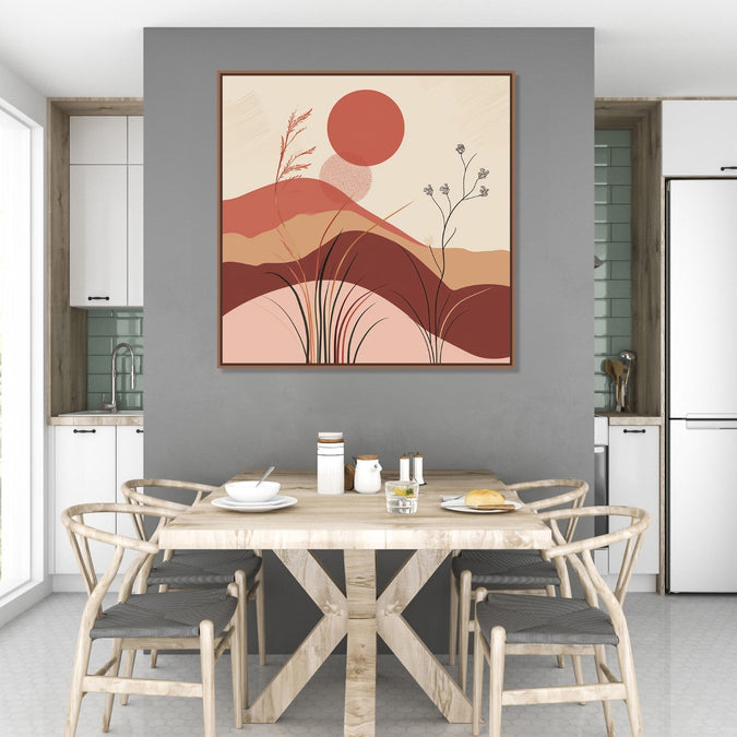 Painting for Home:An abstract of beige, brown, maroon shades with hills, grass and Maroon sun