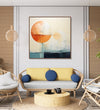 Painting for Home:An abstract with orange white circle with white blue and navy blue background