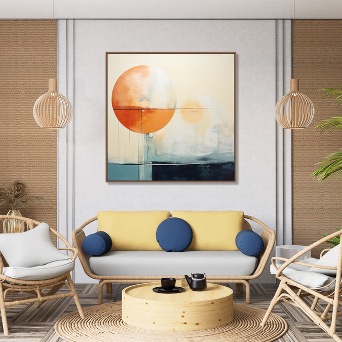 Painting for Home:An abstract with orange white circle with white blue and navy blue background