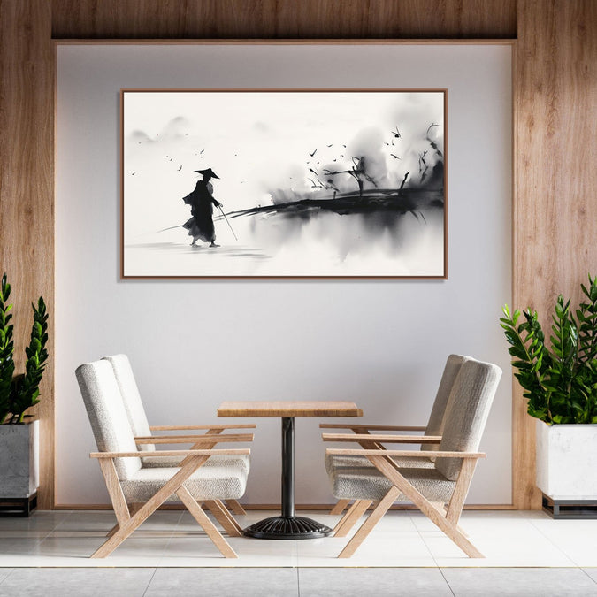 Painting for Home:Asian Monochrome of a traveller going through an abstract landscape