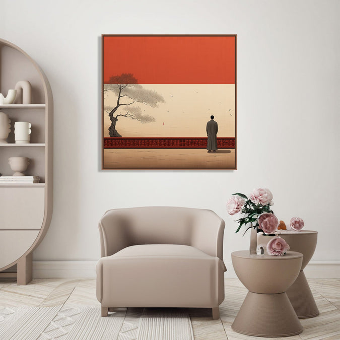 Painting for Home:Asian Painting of a man standing and looking out to open space, with a tree on a side and Asian design wall