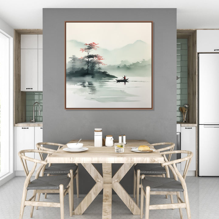Painting for Home:Asian Watercolour landscape of a small boat in the waterbody, trees and mountains in the background