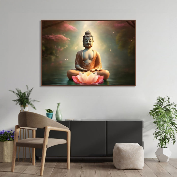 Painting for Home:Buddha in peaceful Water and pink trees with Lotus in front