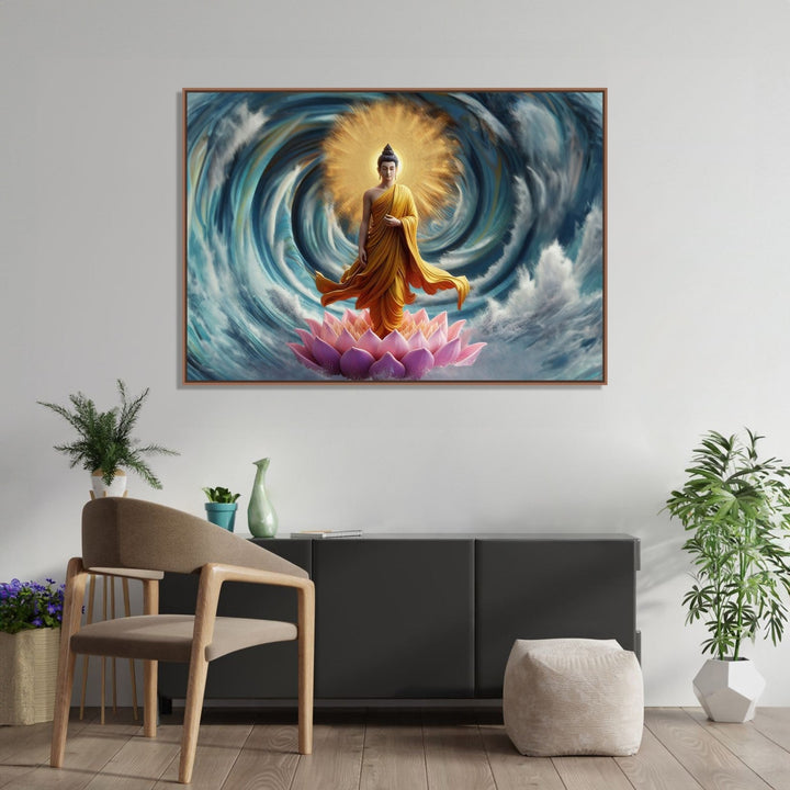Painting for Home:Buddha standing on a lotus, with Blue water spiral and gold orb in background